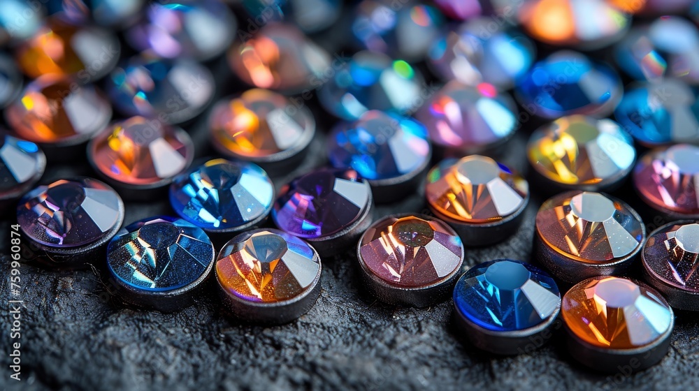 Poster a close up of a bunch of different colored buttons on a piece of black material with a black backgro