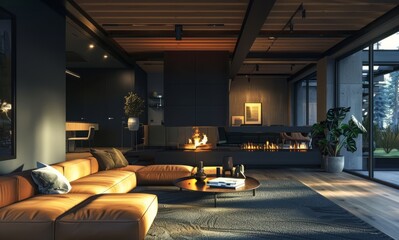 Modern interior design subtle living room with fireplace, color scheme of dark blue and dark grey walls, wooden floorboards and black ceiling with wood beams - obrazy, fototapety, plakaty