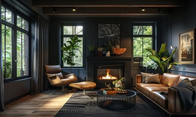 Modern interior design subtle living room with fireplace, color scheme of dark blue and dark grey walls, wooden floorboards and black ceiling with wood beams