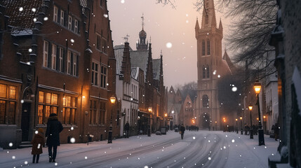 Fototapeta na wymiar Bruges Snowy Evening art
