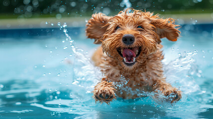 A joyful dog splashes through water in a pool, with water droplets flying around its excited face. - Powered by Adobe