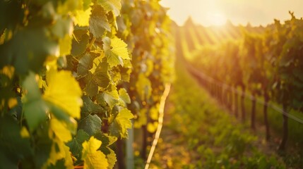 Vineyard rows at sunset with sunlight filtering through grape leaves.