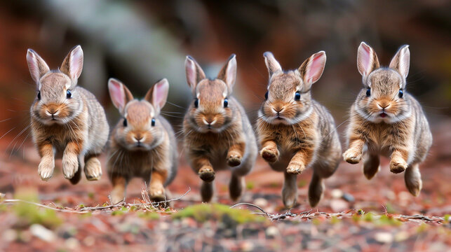 Six rabbits hop energetically in a line across a natural brown landscape, full of life and motion.