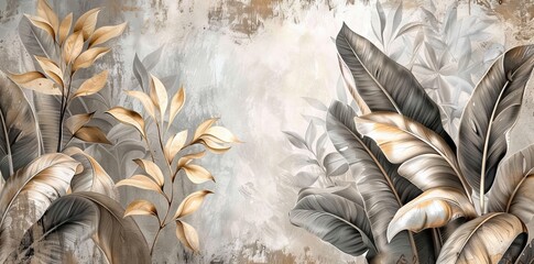 3D wallpaper, banana leaves in the jungle, brown and gray tones, detailed foliage in the background. AI generated illustration