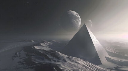 Pyramidal landscape with full moon at foggy night