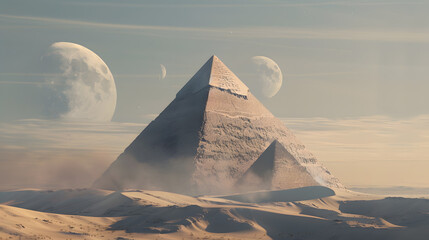 Egyptian pyramid in the desert with full moon