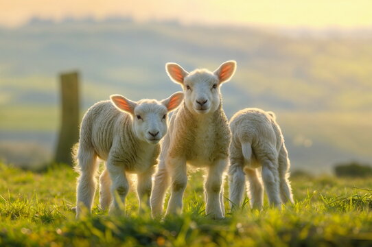 Three lambs in the pasture at sunrise. Pastoral concept 