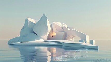 An artificial island with a 3D effect, featuring abstract shapes and shadows