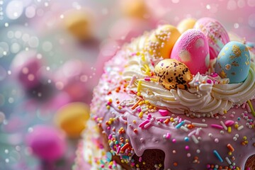 A decorated Easter cake with icing designs, sprinkles, and chocolate eggs, copy space, wallpaper background