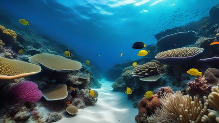 Naklejka na ściany i meble Underwater Scene - Tropical Seabed With Reef And Sunshine. Tropical blue ocean with white sand and stones underwater. Tranquil underwater scene with copy space