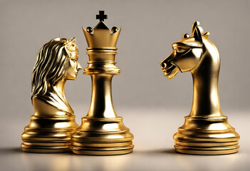 Golden king and queen of chess game in unique style