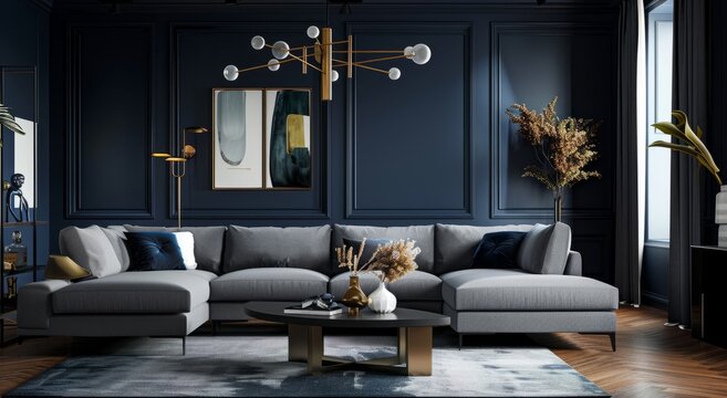 Modern interior design with dark blue walls, brass chandelier and black coffee table