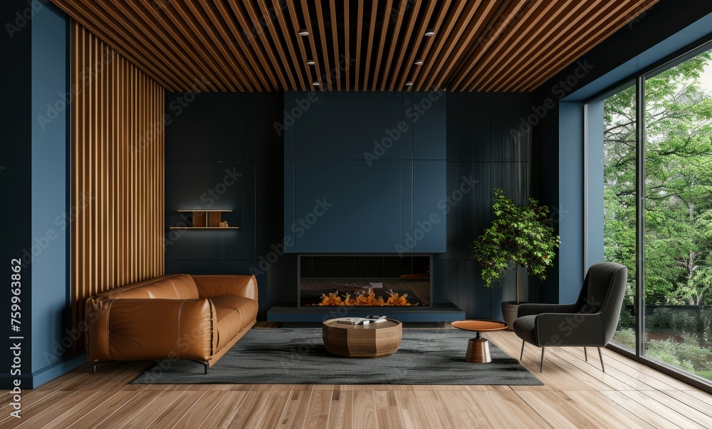 Poster modern interior design with dark blue walls, wooden floor and ceiling with wooden slats - Posters