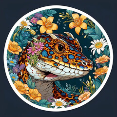 Detailed Dragon Moray Eel with Floral Sticker Design on Dark Background Gen AI