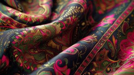 Indian fabric pattern. Traditional oriental beautifully folded textile with ornaments