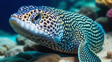 Enchelycore pardalis, commonly called Leopard moray eel or Dragon moray isolated closeup, underwater life. Tropical fish Murena, latin name Murena Helena, in aquarium - obrazy, fototapety, plakaty
