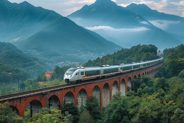Majestic train journey through wilderness, crossing an ancient bridge amid lush landscapes. - Powered by Adobe