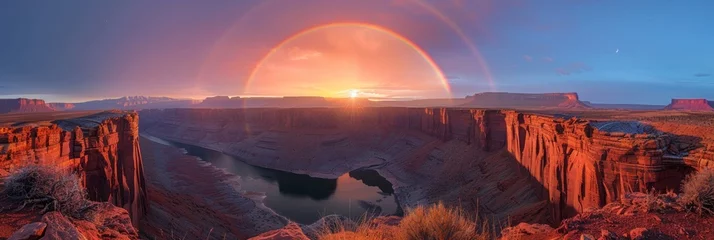 Foto op Plexiglas A panoramic view of the majestic canyon at sunrise, with a spectacular rainbow. © Andrii Zastrozhnov