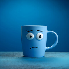 Blue cup with sad face,blue monday concept, generative ai