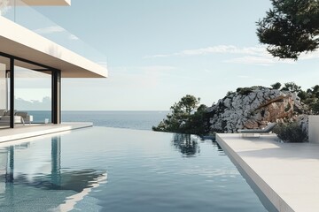 Modern architecture meets tranquil seascape in this serene cliffside villa image, capturing the elegance of contemporary design against the calm of the ocean at dusk.