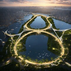 A vision of future Tokyo in 2050 with networks of elevated roads and bridges 