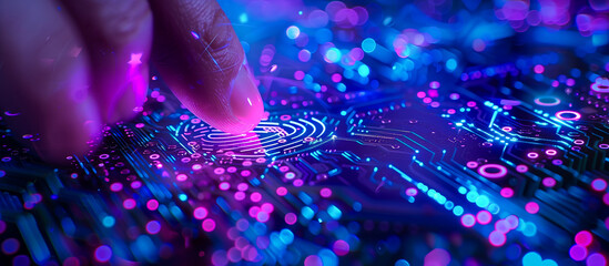 finger touching a digital circuit board. advanced biometric technology and cyber security concept background