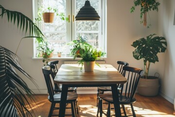 Modern dining room interior with simple wooden table, black chairs by the window and plants on the white wall