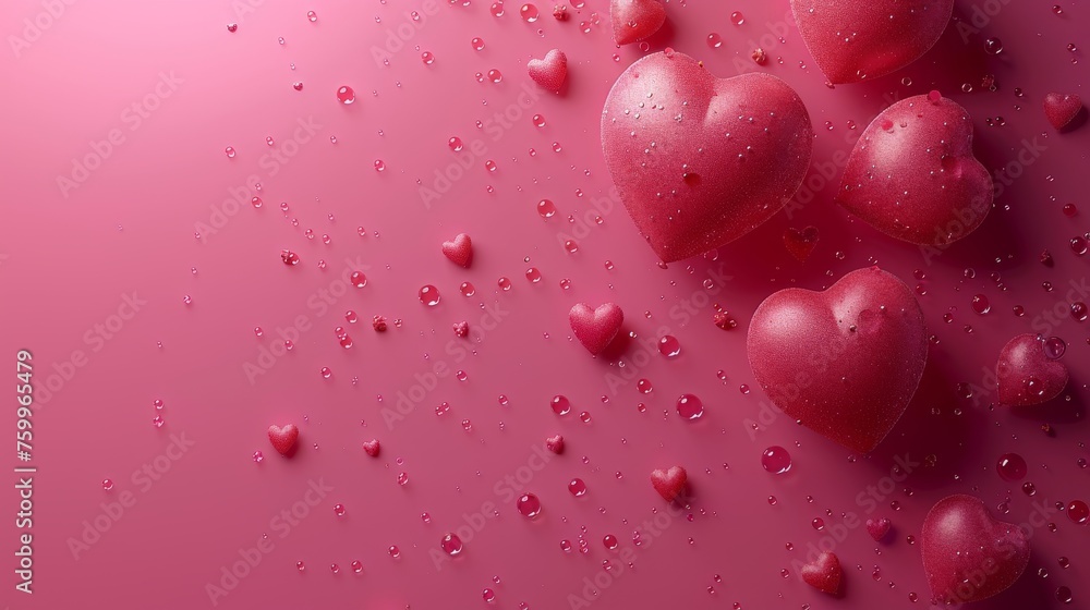 Poster a group of red hearts on a pink background with drops of water on the bottom of the image and on the