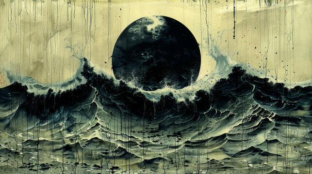 a painting of a giant black ball in the middle of a body of water with a giant black ball in the middle of the water.