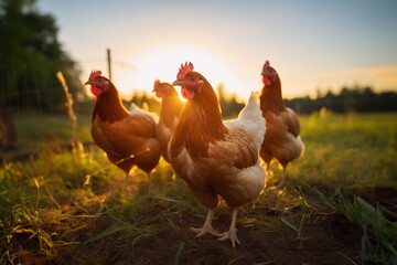 A flock of chickens graze in a farmer's field at dawn - obrazy, fototapety, plakaty
