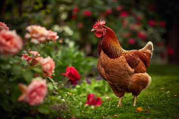 A brown chicken wanders among the blooming roses in the garden. Farming concept for banners, articles and advertisements with copy space