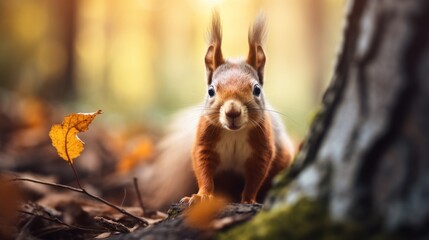Discover the enchantment of a summer forest as a furry squirrel sits on the ground, its cute presence adding life to the woodland scene. - obrazy, fototapety, plakaty