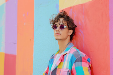 A man in a yellow jacket stands in front of a yellow wall. Young male model posing with trendy man fashion outfit and colorful pastel mood optical art abstract background.