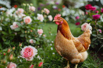 Fototapeta premium A brown chicken wanders among the blooming roses in the garden. Farming concept for banners, articles and advertisements with copy space