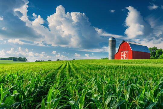 A red barn and silo standing among brightly colored cornfields. The concept of farming and peace, harmony with nature
