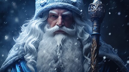 Step into the wonder of Christmas with a close-up of Santa Claus, his white beard and mustache contrasting against the evening snowfall-a magical holiday moment.