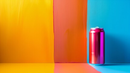 a can of soda on a blue and yellow background