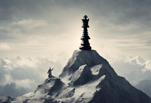 King of the world concept, with chess king on mountain top