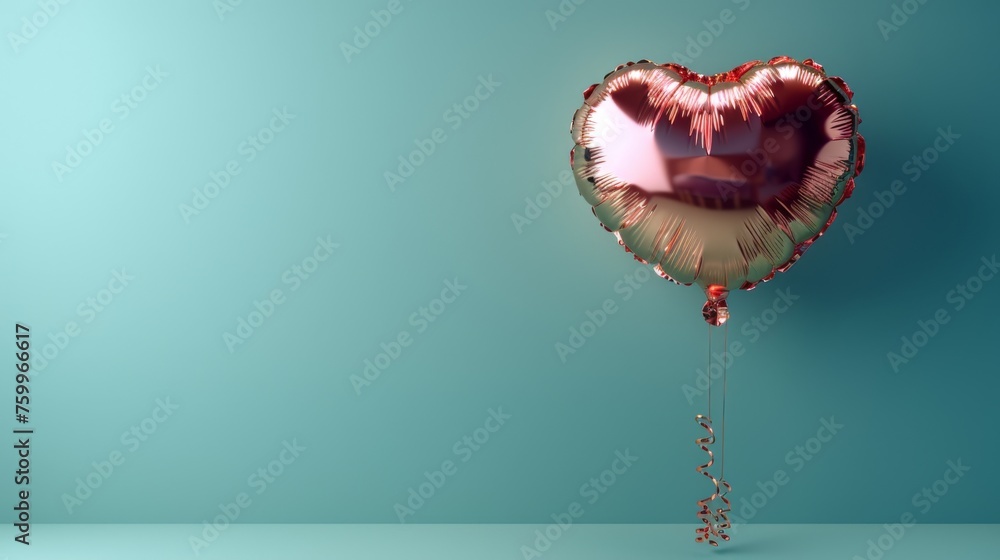 Poster a balloon in the shape of a heart with a stream of streamers attached to it on a blue background.