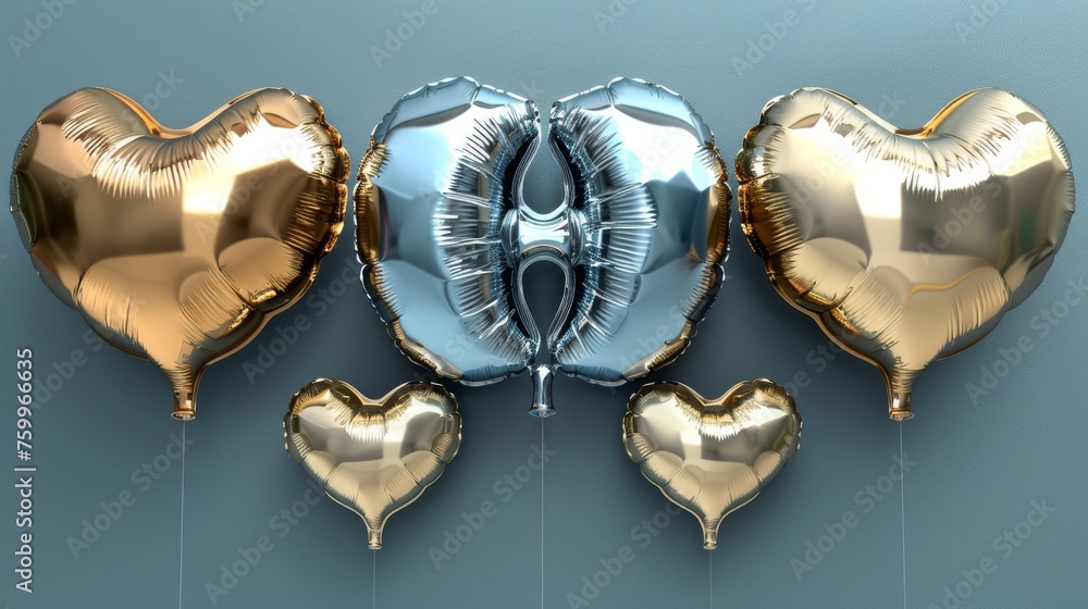 Poster a group of balloons in the shape of a heart on a blue background with a line of balloons in the shap
