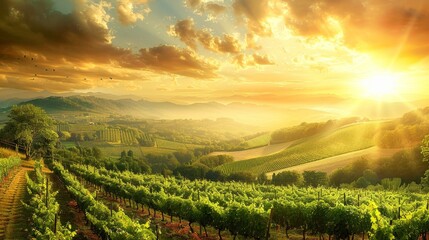 Tranquil vineyard scene with grapevines, mountains, ideal for text overlay in the sky