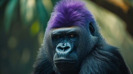 Obraz premium a gorilla with a purple mohawk on its head and a green background