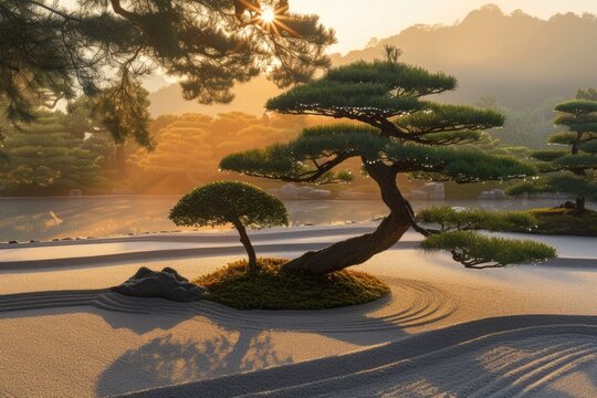 A beautiful sunrise illuminates a Japanese Zen garden, highlighting the elegant forms of meticulously maintained bonsai trees. Resplendent.