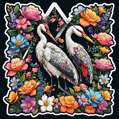 Fototapeta premium High-Quality Cute Crane and Floral Sticker Illustration Gen AI