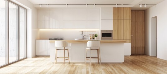 Modern kitchen with white cabinets, wood floor and beige walls, with two chairs at the counter bar.