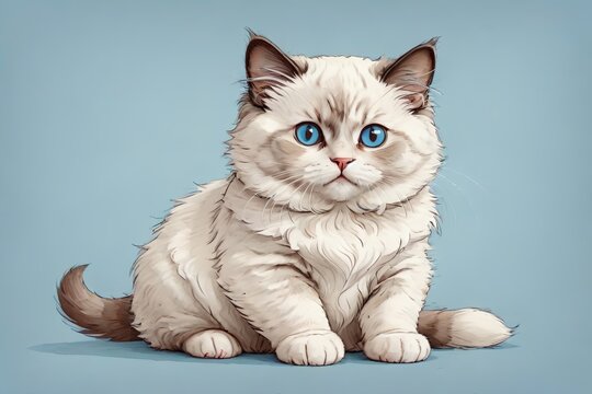 contour drawing small fat cartoon Ragdoll kitten isolated on an light blue background