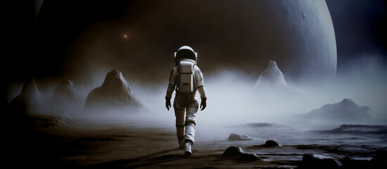 illustrazione di astronauta sulla superficie di un pianeta scuro e nebbioso - obrazy, fototapety, plakaty