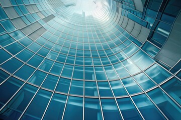 Naklejka premium the facade of a modern skyscraper with a pattern of blue glass windows and curved lines, creating a sleek and repetitive architectural design, which plays with light and shadow