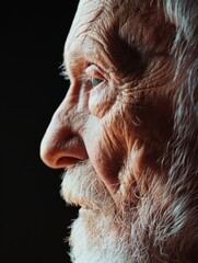 a close-up profile of an older man's face with deep wrinkles and a white beard, illuminated from the side, which highlights the textures and contours of aging skin