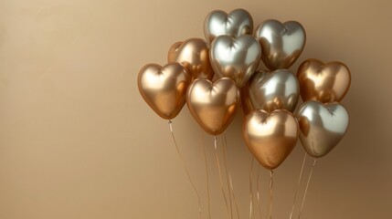 a bunch of gold and silver heart shaped balloons in the shape of a heart on a beige background with a shadow.